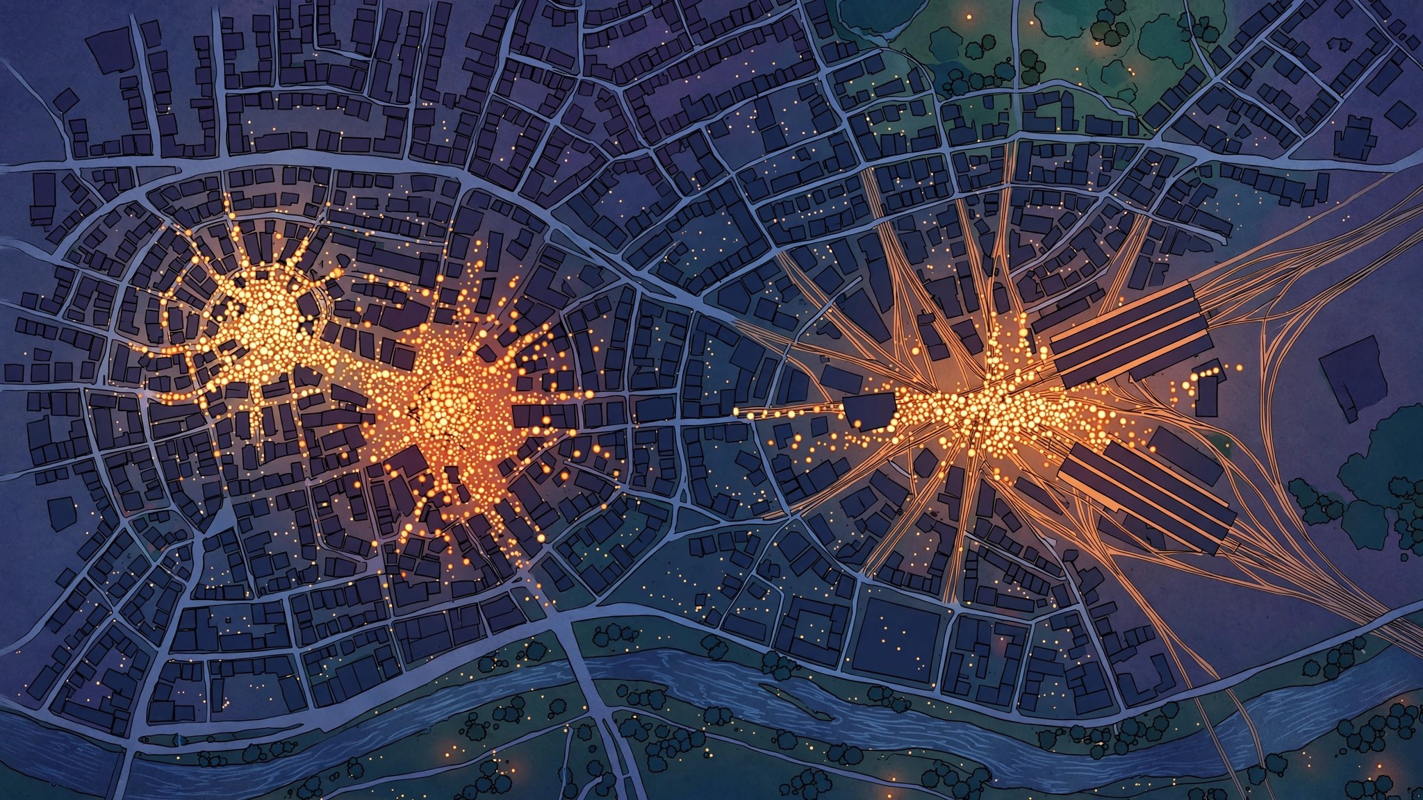 A city map glowing with crowd density, showing how does Google know how busy a place is from above