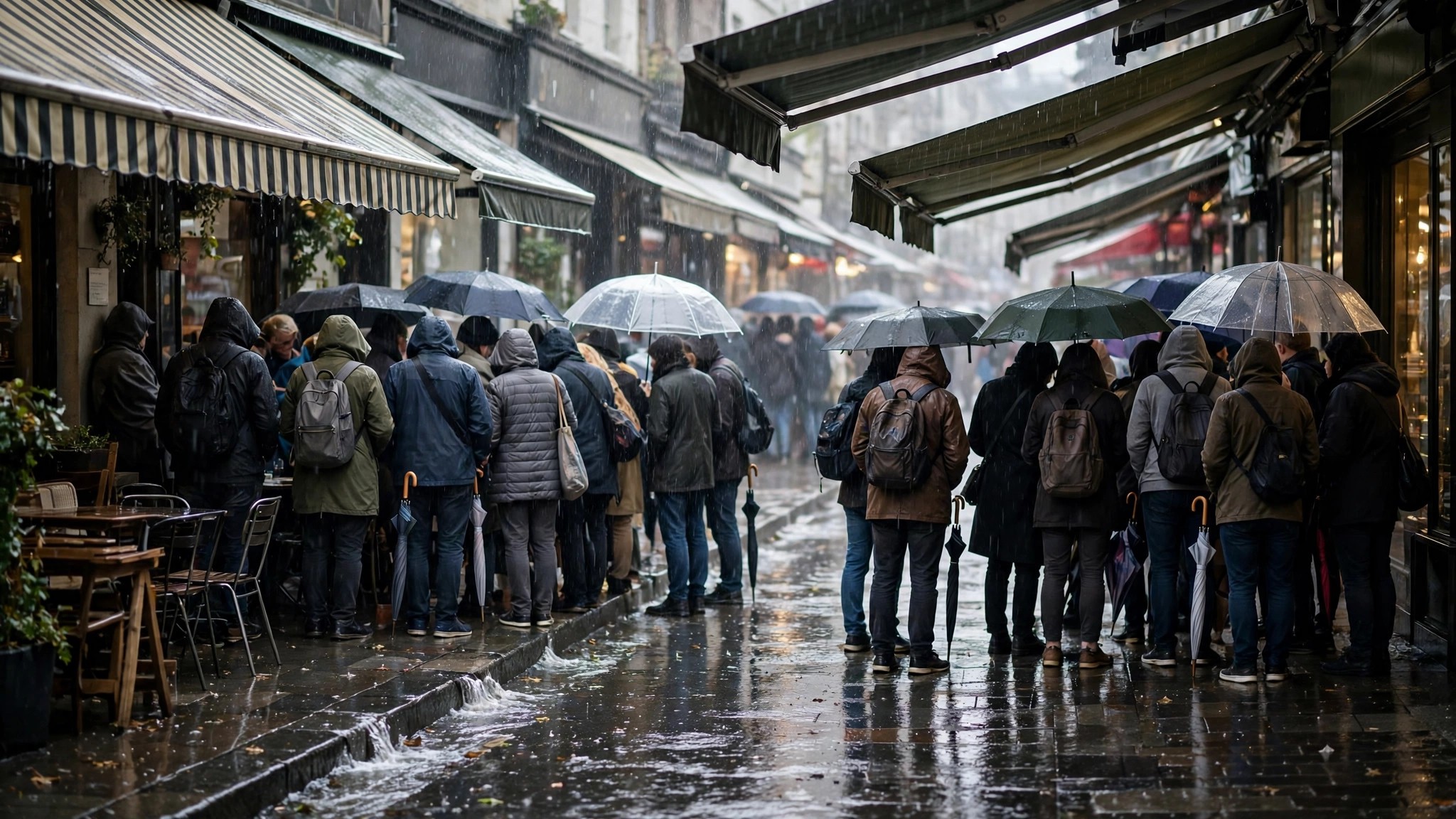 A rainy-day crowd under awnings, weather that tests whether Google busy times are accurate
