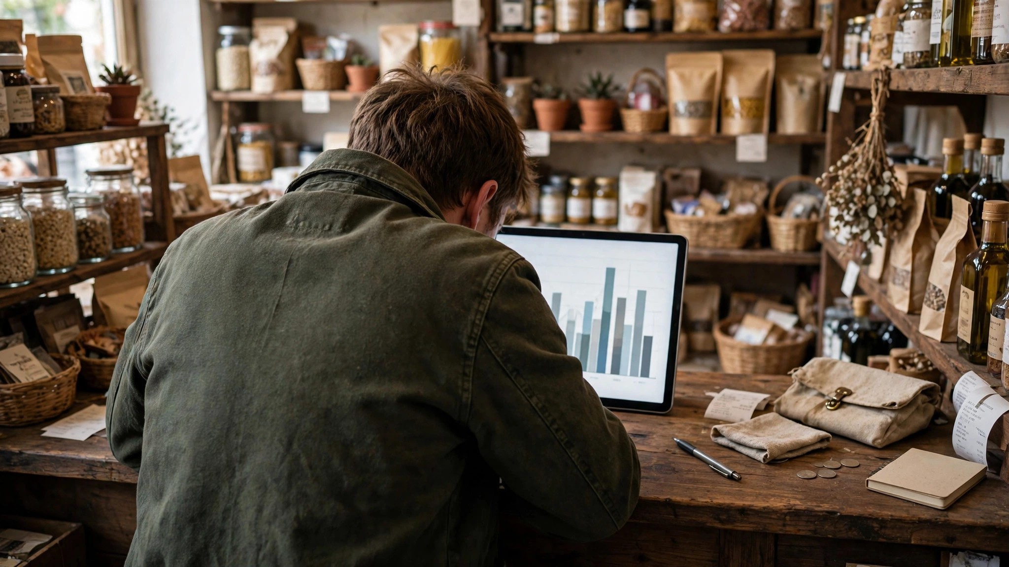 A shop owner behind the counter checking Google Maps busy times for their own business