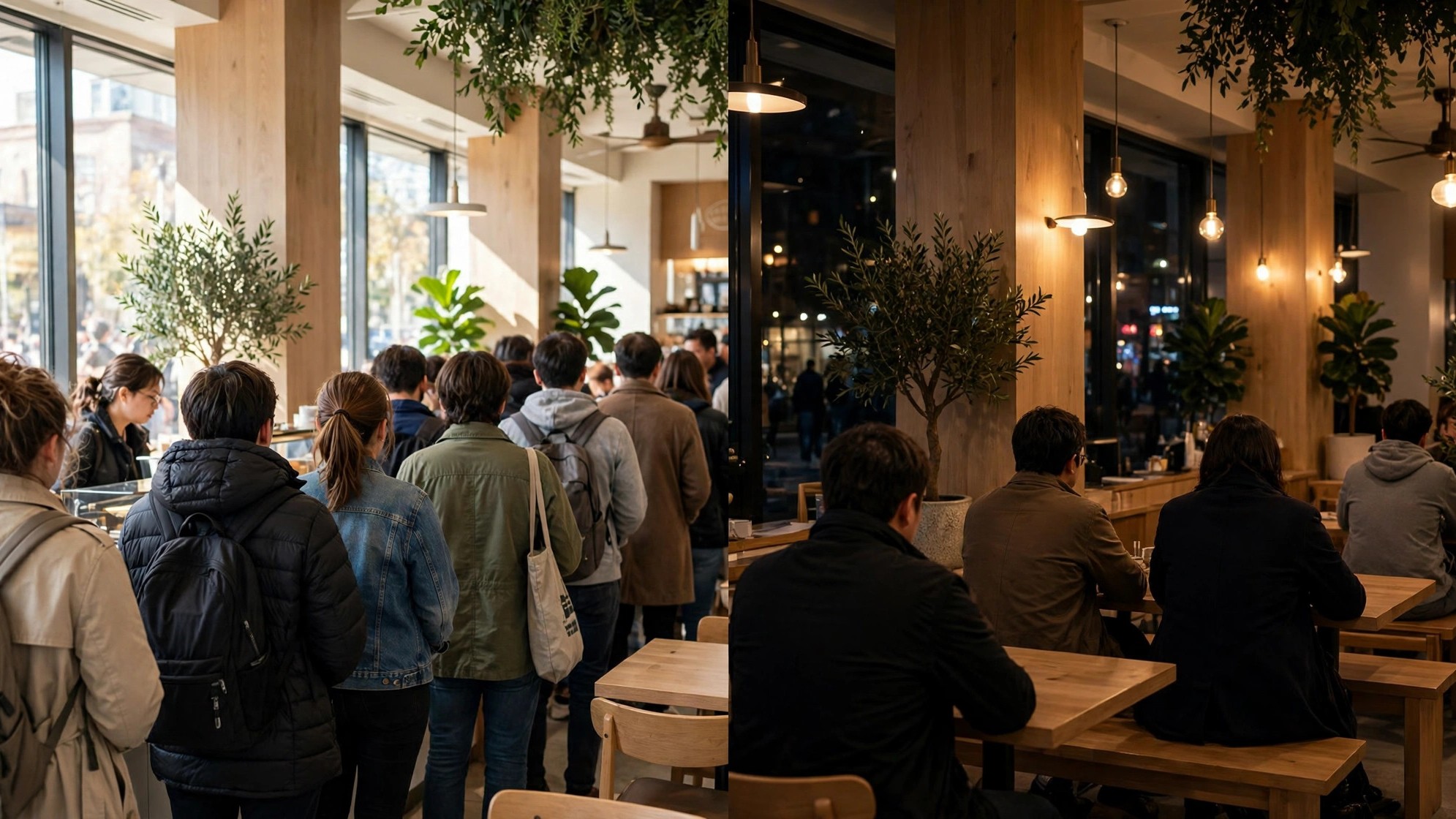 A cafe at peak and off-peak, the two faces of Google Maps busy times in one day