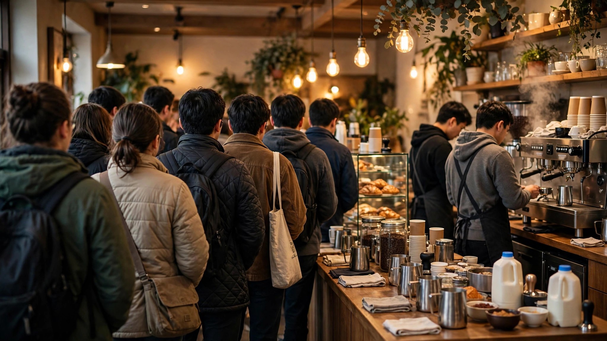 A coffee shop at the peak of its popular times graph, queue at the counter