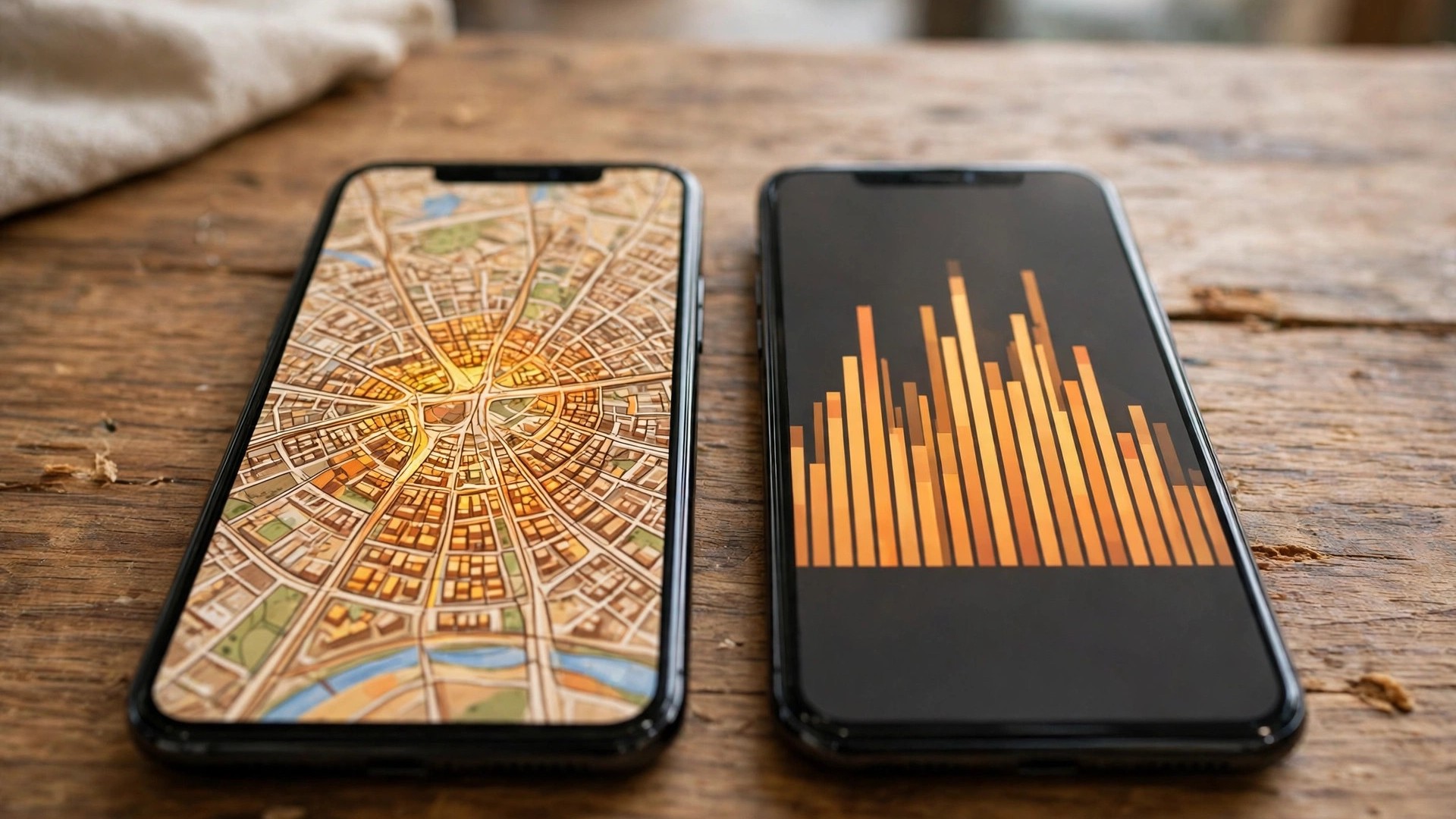 Two phones side by side, area shading against a single popular times graph