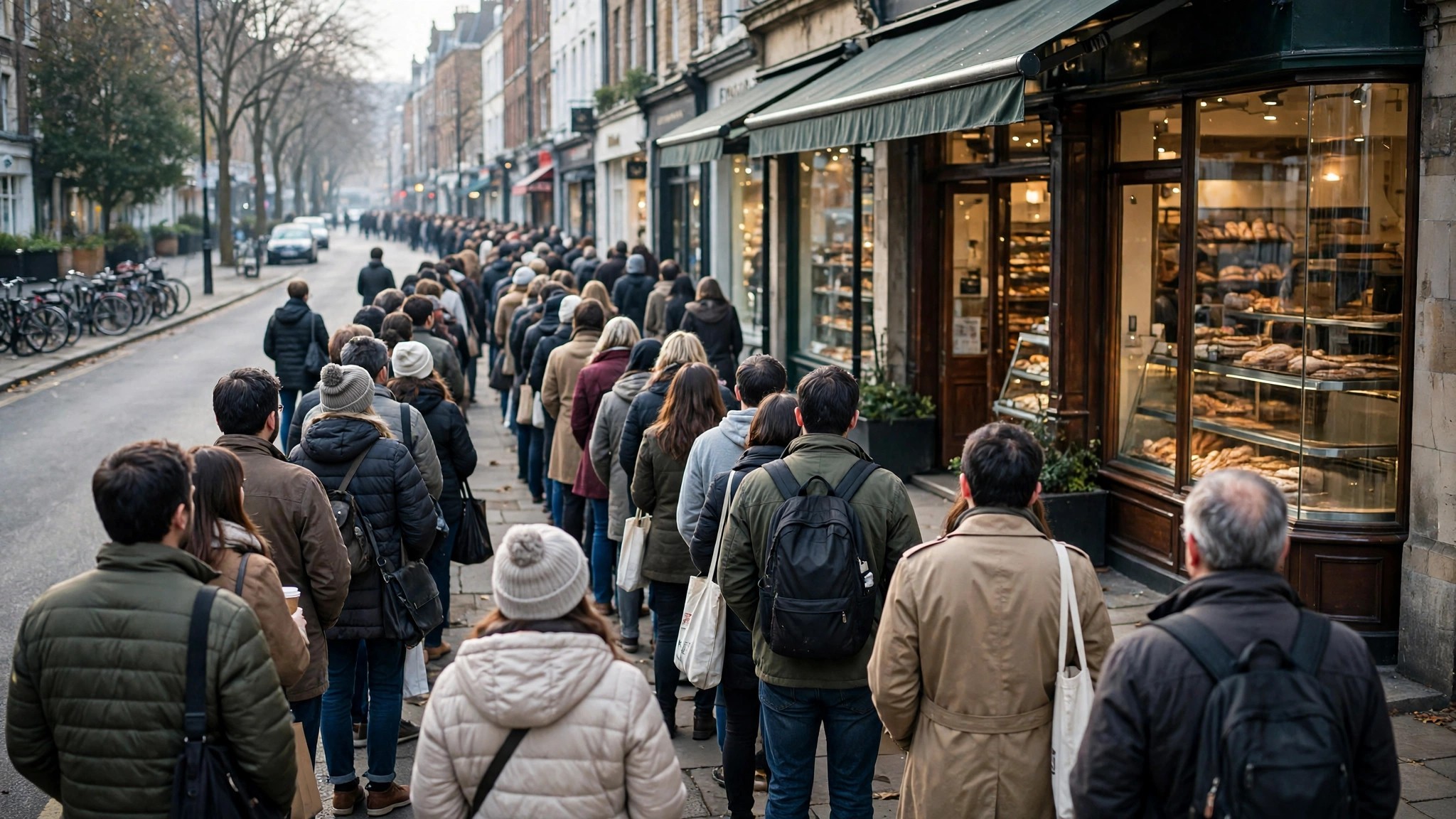 A queue snaking outside a famous bakery, as busy as it gets at street level