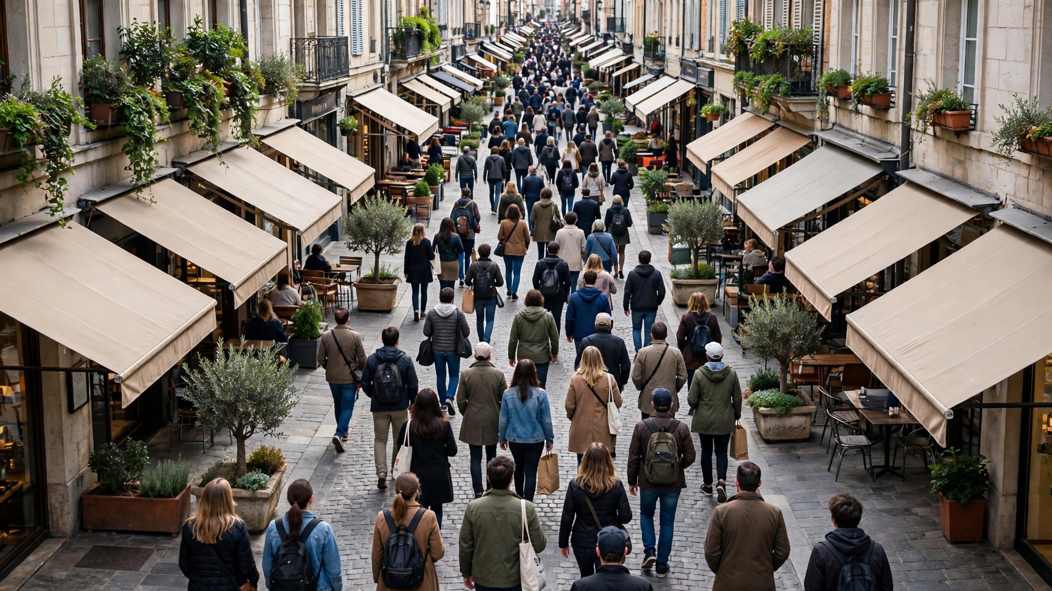Foot traffic near me: a pedestrian shopping street full of walkers seen from above