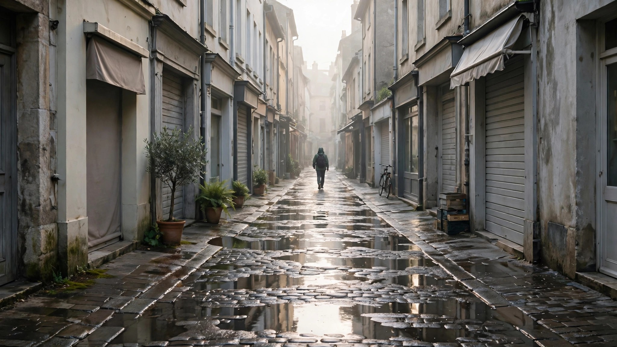 A quiet side alley with a single pedestrian, the low end of foot traffic near me