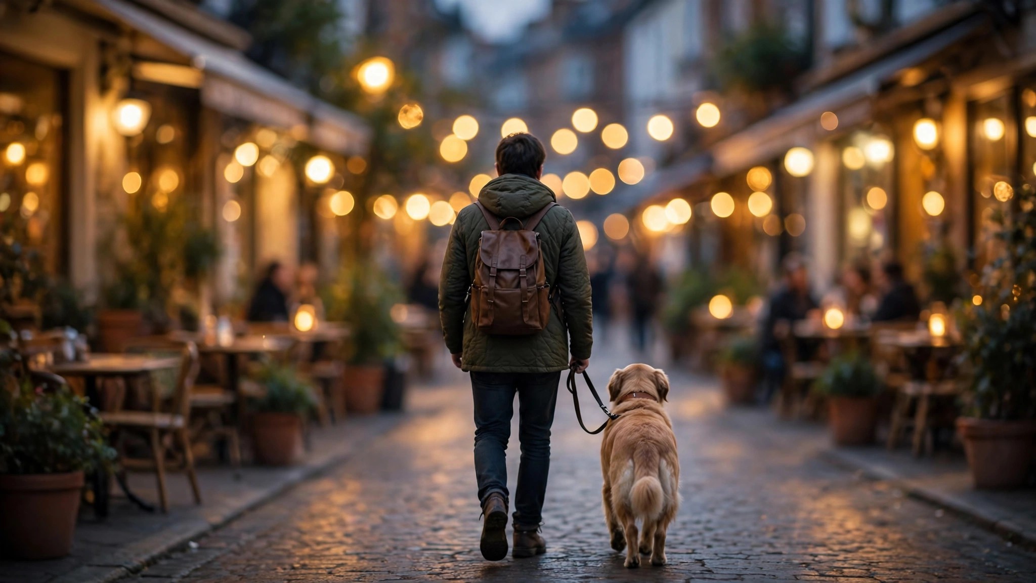 Walking a dog past busy cafe terraces, everyday foot traffic near me